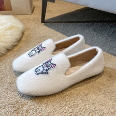 Women's Cat Embroidered Faux Fur Moccasin Slip-On Shoes