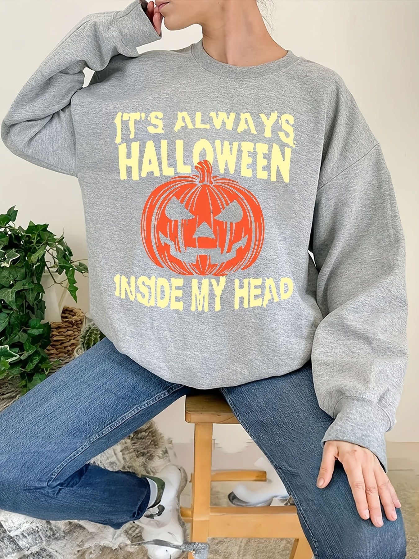 Halloween Jack O' Lantern Sweatshirt Crew Neck Long Sleeve Women's Clothing