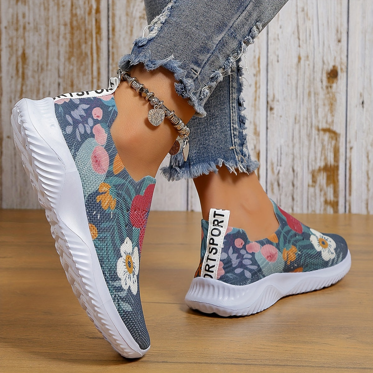 Flower Print Mesh Breathable Running Shoes Soft Lightweight Comfortable