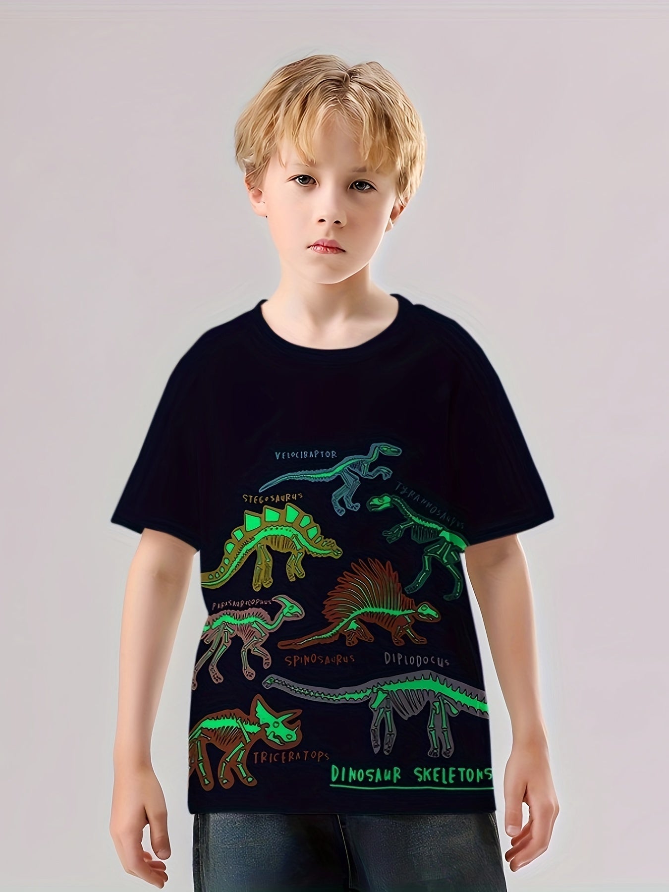 Dino Skeleton Print Boys T-Shirt Short Sleeve Tee For Kids