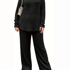 Ribbed Knit Top & Pants Outfit Set Long Sleeve Round Neck Pocket