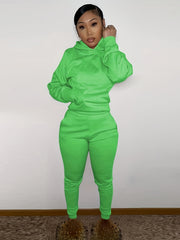 Women's Solid Hooded Sports Set Long Sleeved Tops and Pants