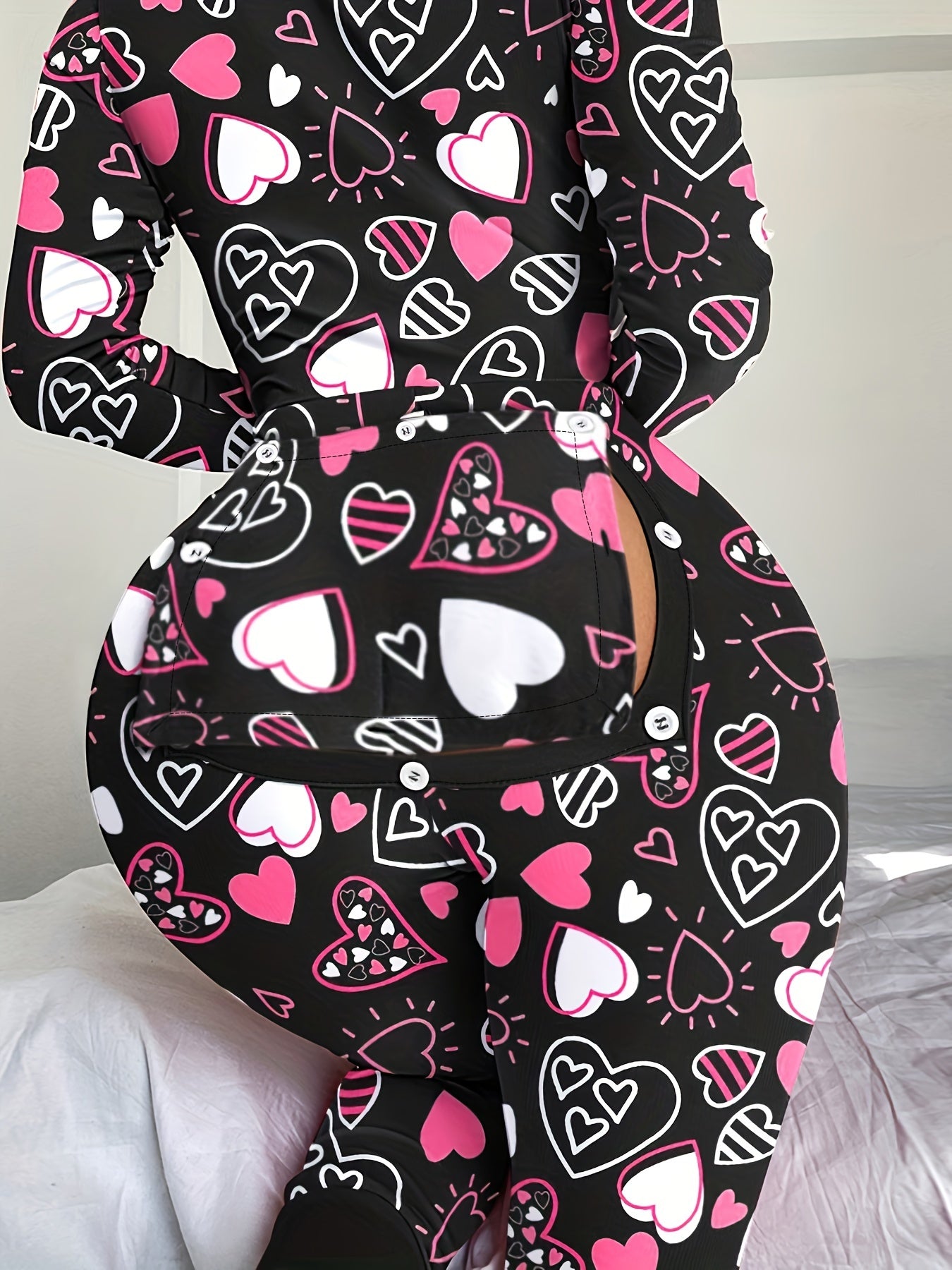 Heart Print Pajama Jumpsuit Long Sleeve V Neck Pajamas