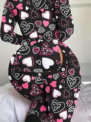 Heart Print Pajama Jumpsuit Long Sleeve V Neck Pajamas