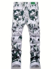 Printed Men's Jeans & Green Slim Fit Denim