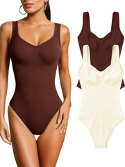 2pcs Ribbed Sleeveless Yoga Bodysuit Solid Tank Top Jumpsuit