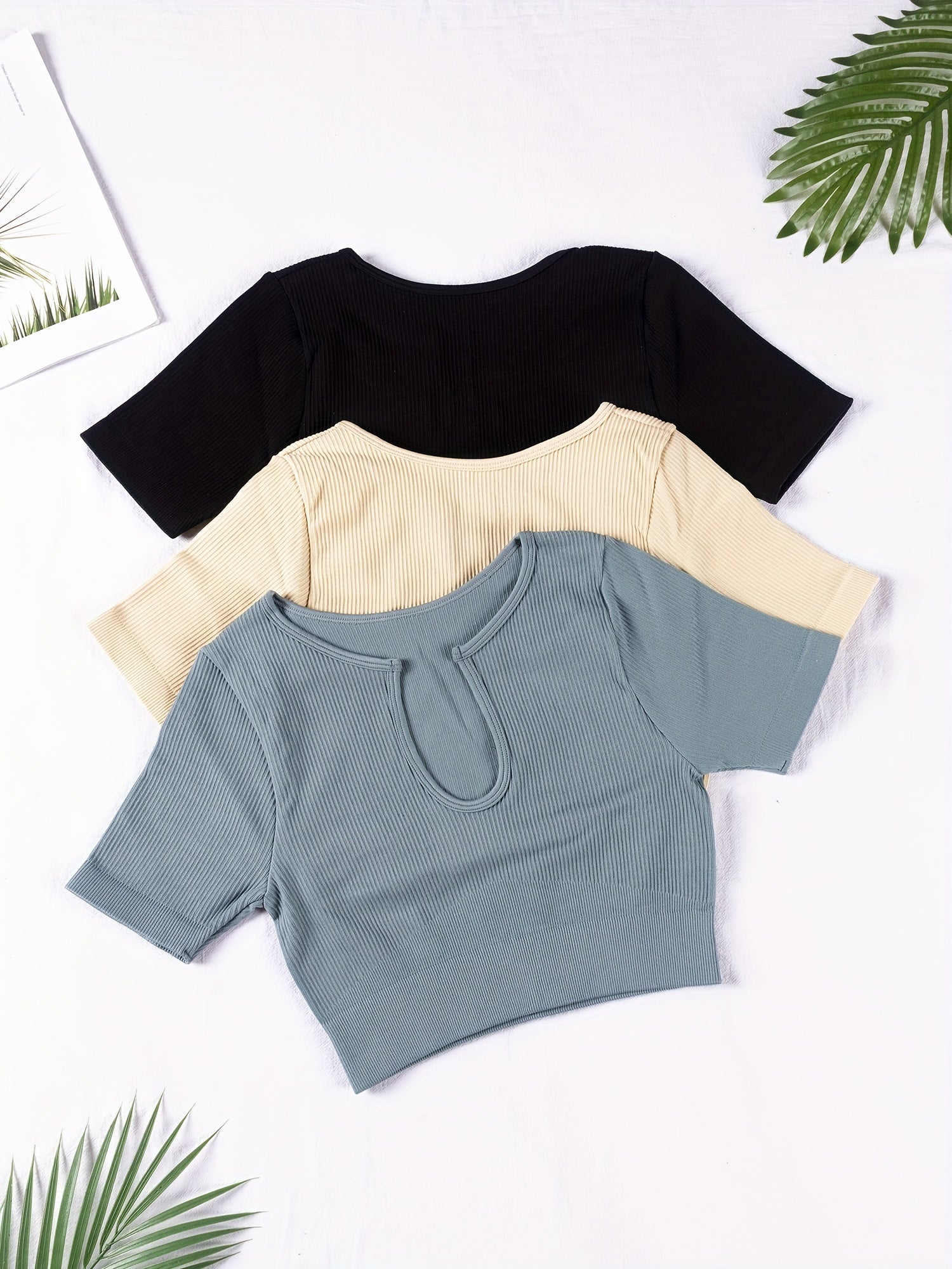 3 Pcs Solid Notched Neck Ribbed Yoga T-shirts Short Sleeve Crop Top
