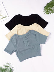 3 Pcs Solid Notched Neck Ribbed Yoga T-shirts Short Sleeve Crop Top