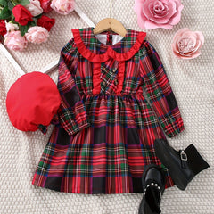 Girls' Collared Plaid Dress & Hat Set for Holiday Outfit