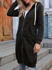 Solid Zip Up Long Length Hoodie Casual Long Sleeve Drawstring Hoodies Sweatshirt