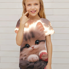 Lovely 3D Cat Graphic Short Sleeve Tshirt for Girls