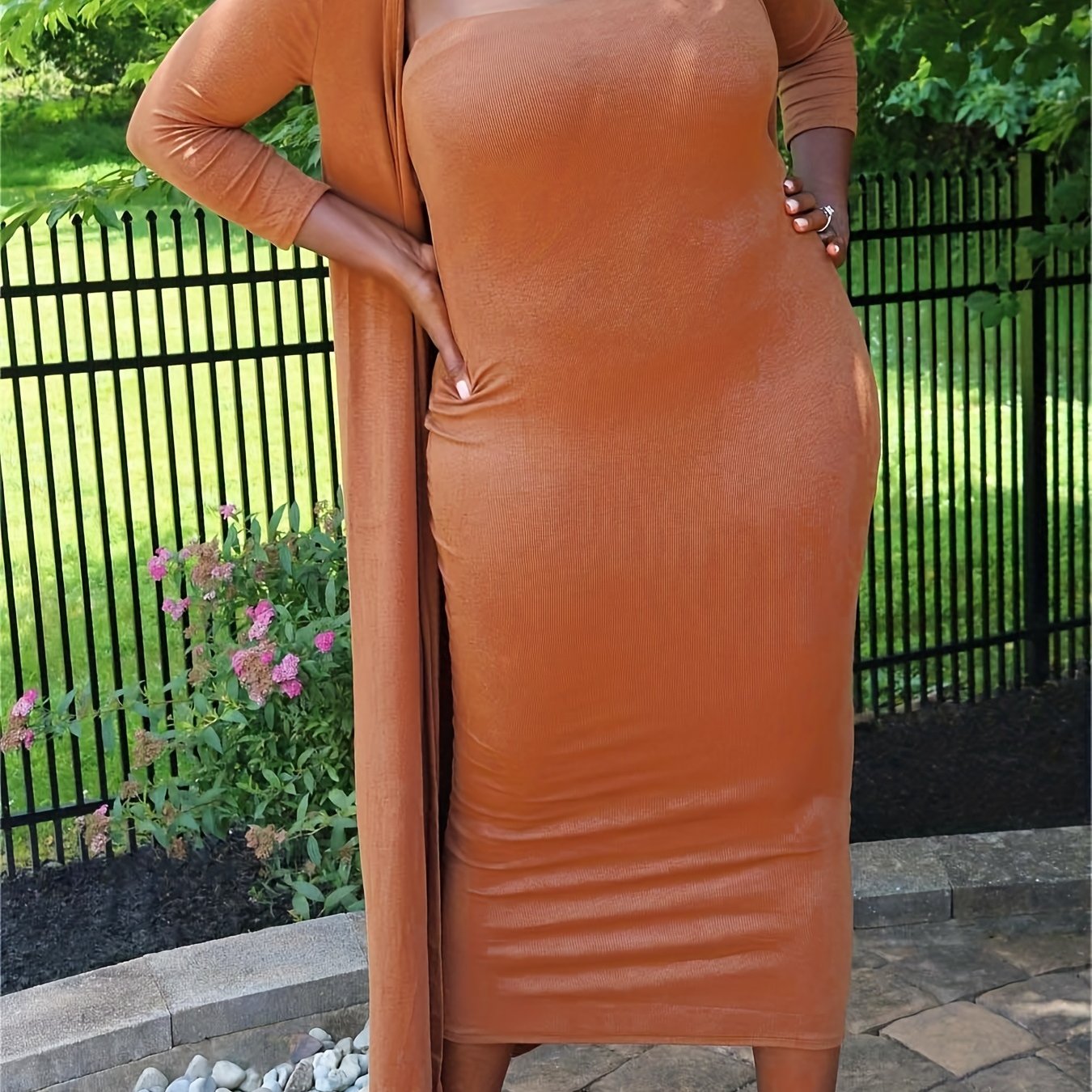 Solid Long Sleeve Cardigan & Bodycon Dress Set