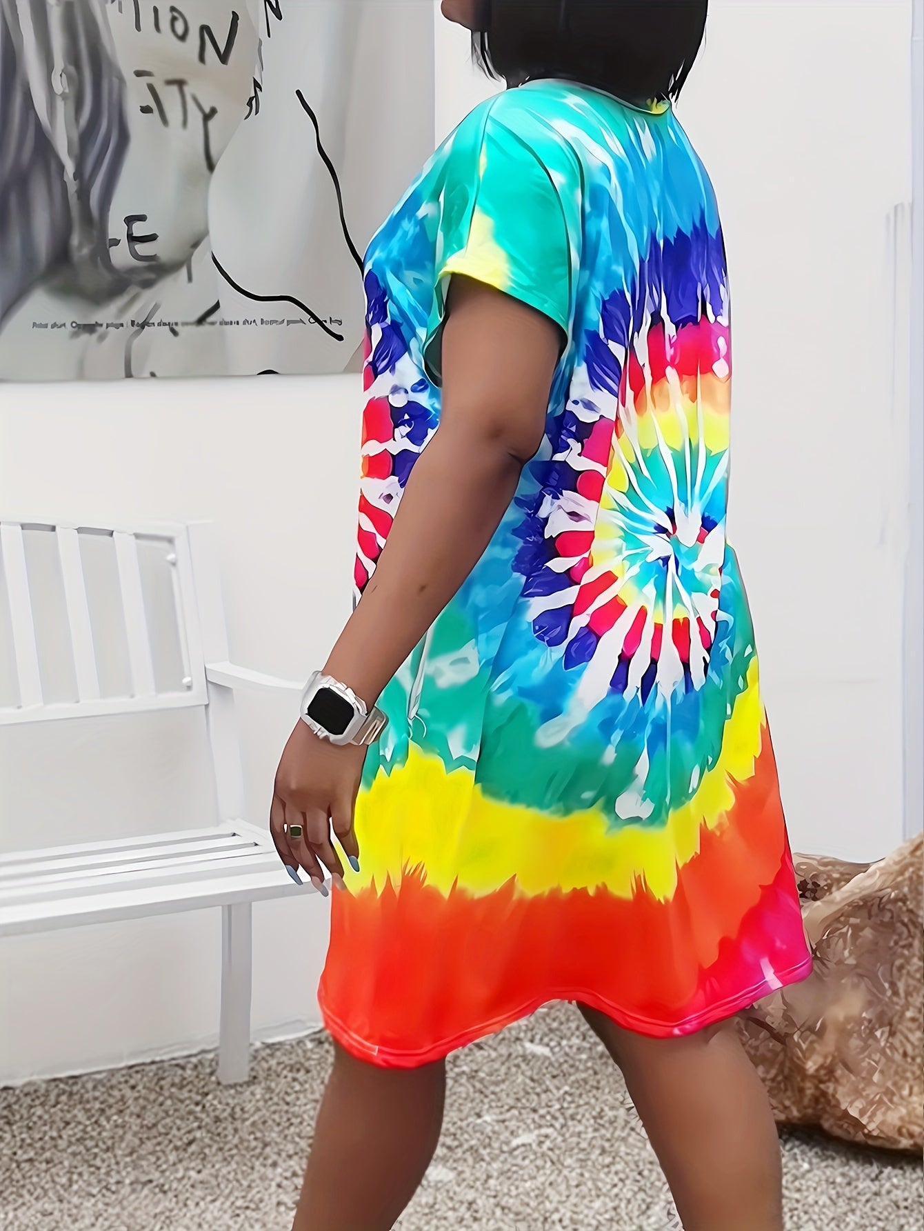 Women's Plus Tie Dye Short Sleeve V Neck Stretch Dress With Pockets
