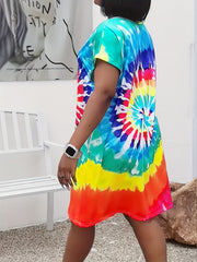 Women's Plus Tie Dye Short Sleeve V Neck Stretch Dress With Pockets