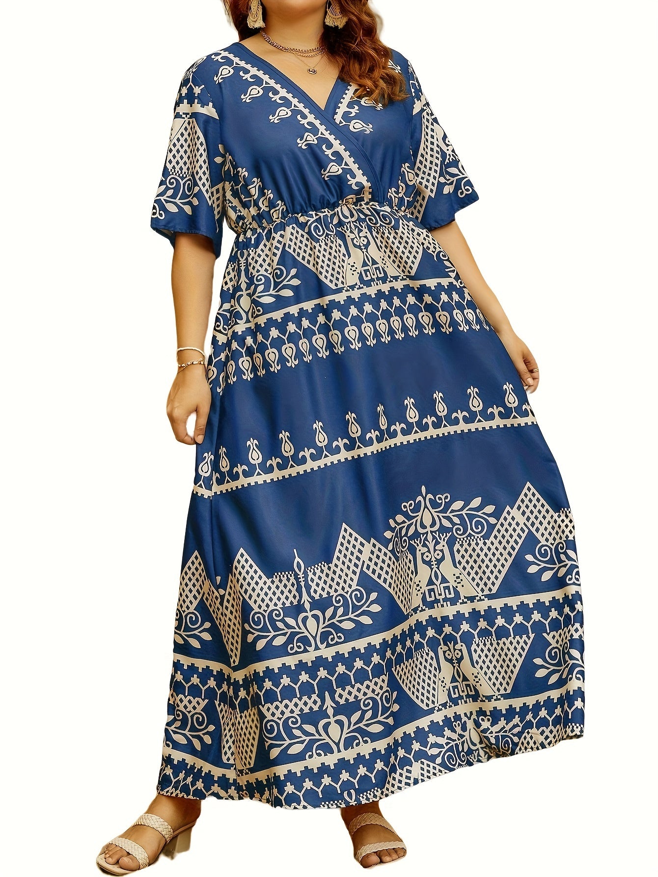 Floral Print Maxi Dress Surplice Neck Short Sleeve