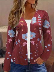 Floral Print Open Front Cardigan Long Sleeve - Women's Clothing