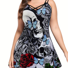 Goth Cami Dress Womens Plus Skull Floral Butterfly Print V Neck Cami