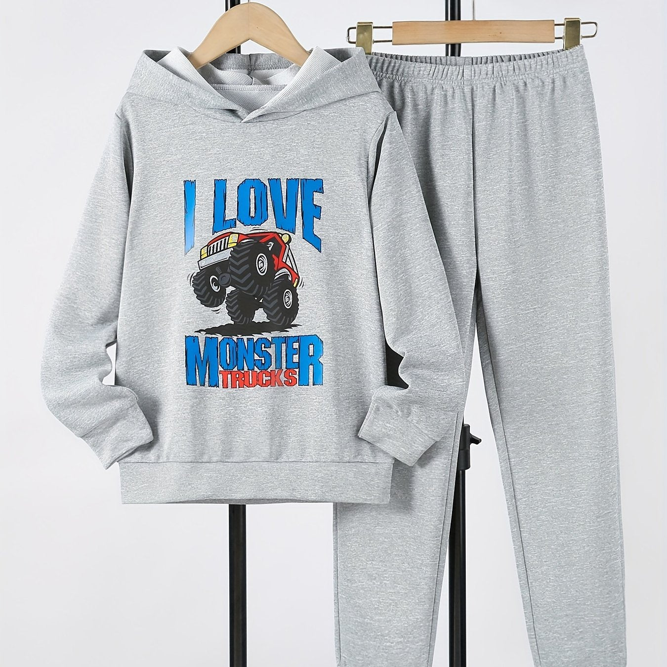 Boy's Truck Pattern 2pcs Hoodie & Sweatpants Set I LOVE MONSTER TRUCKS