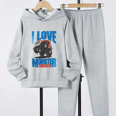 Boy's Truck Pattern 2pcs Hoodie & Sweatpants Set I LOVE MONSTER TRUCKS