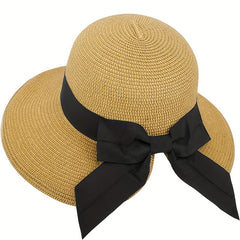 Bowknot Ponytail Sun Hat Vintage Wide Brim Straw Hats Classic Foldable