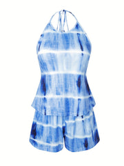 Tie Dye Matching Two piece Set Backless Halter Top & Elastic Shorts