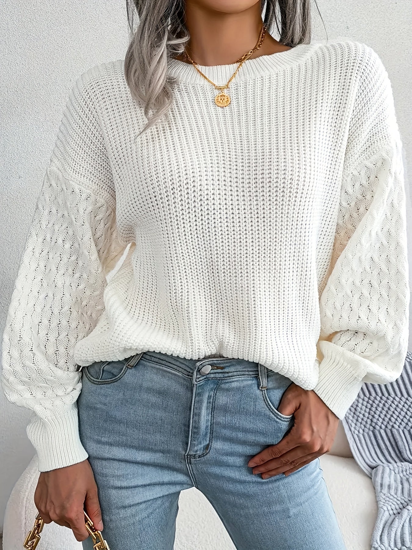 Casual Sweater Women's Solid Cable Lantern Sleeve Round Neck Jumper