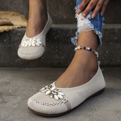 Metal Floral Decor Knit Flat Shoes Soft Sole Slip On Comfort Walking Flats