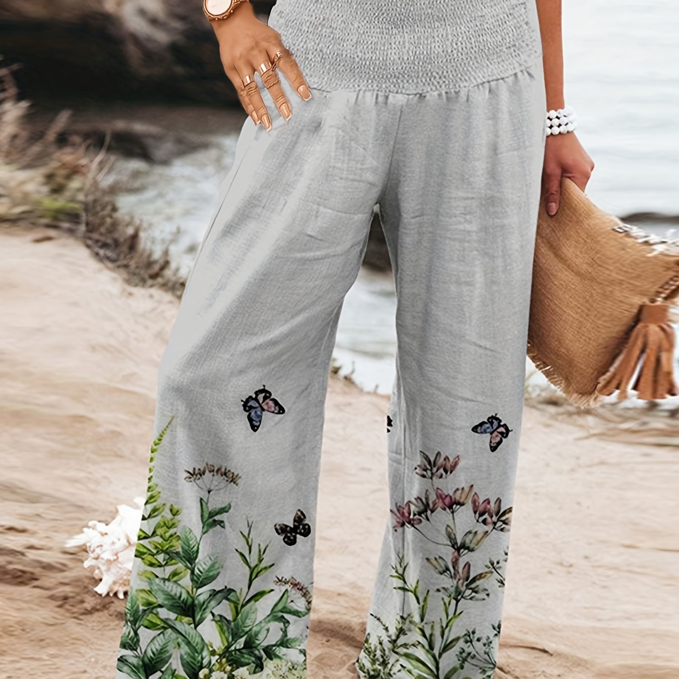 Floral & Butterfly Print High Waist Wide Leg Ribbed Pants