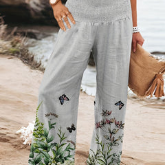Floral & Butterfly Print High Waist Wide Leg Ribbed Pants