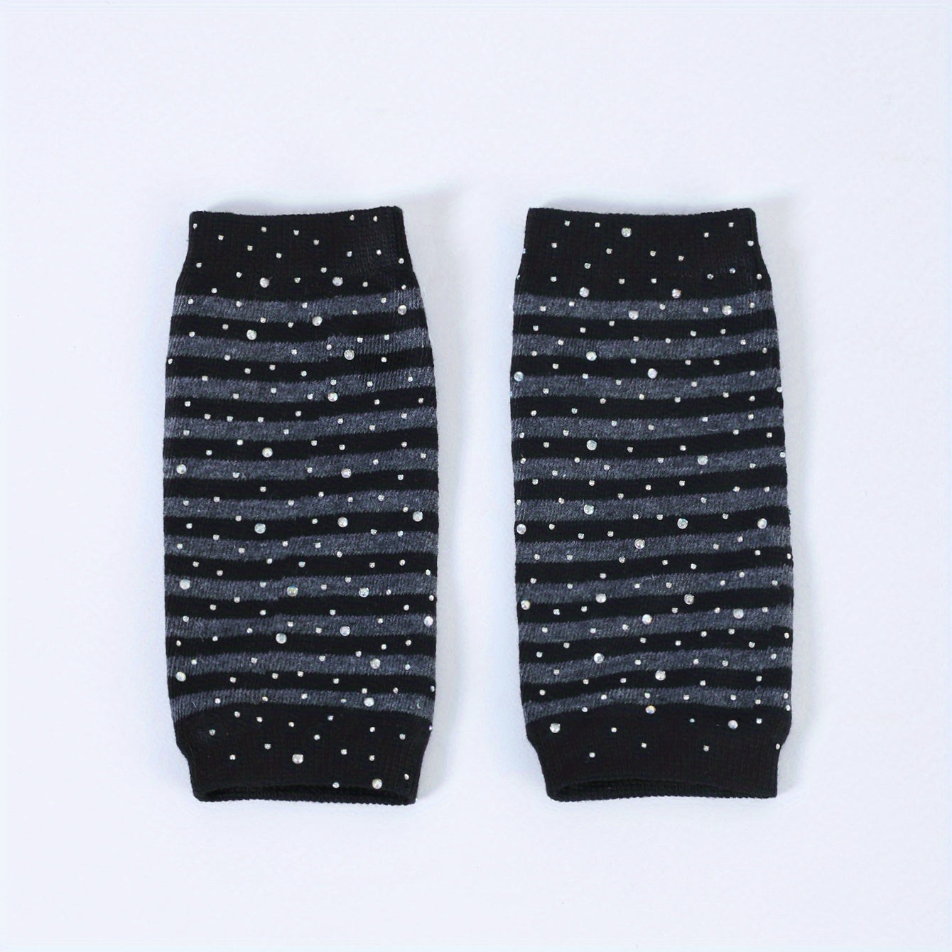 Striped Knitted Short Gloves with Rhinestone Decor