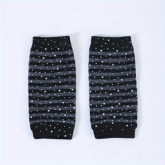 Striped Knitted Short Gloves with Rhinestone Decor
