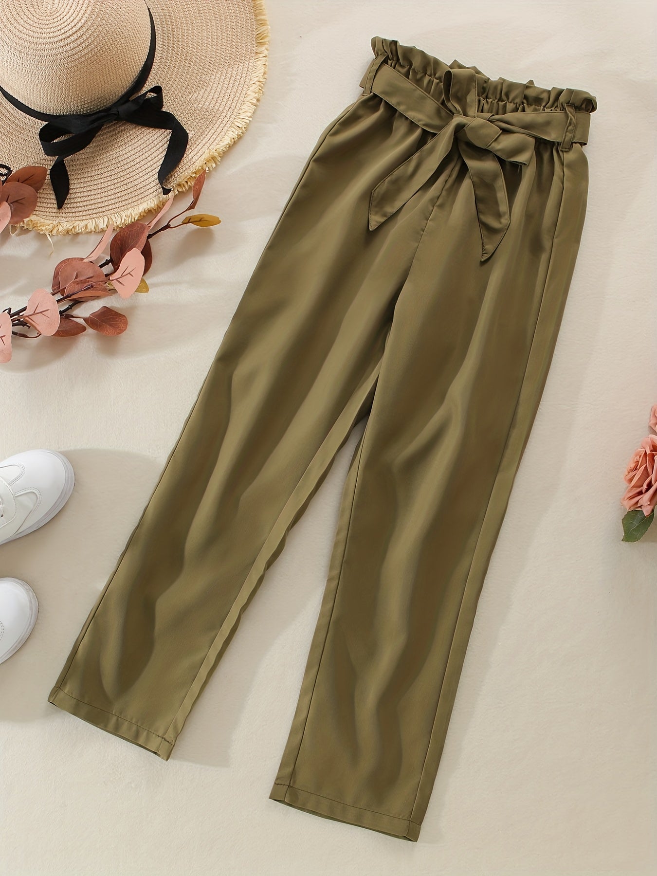 Girls Paperbag Waist Belted Cotton Casual Pants