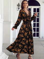 Floral Print Flounce Sleeve Maxi Dress With Belt