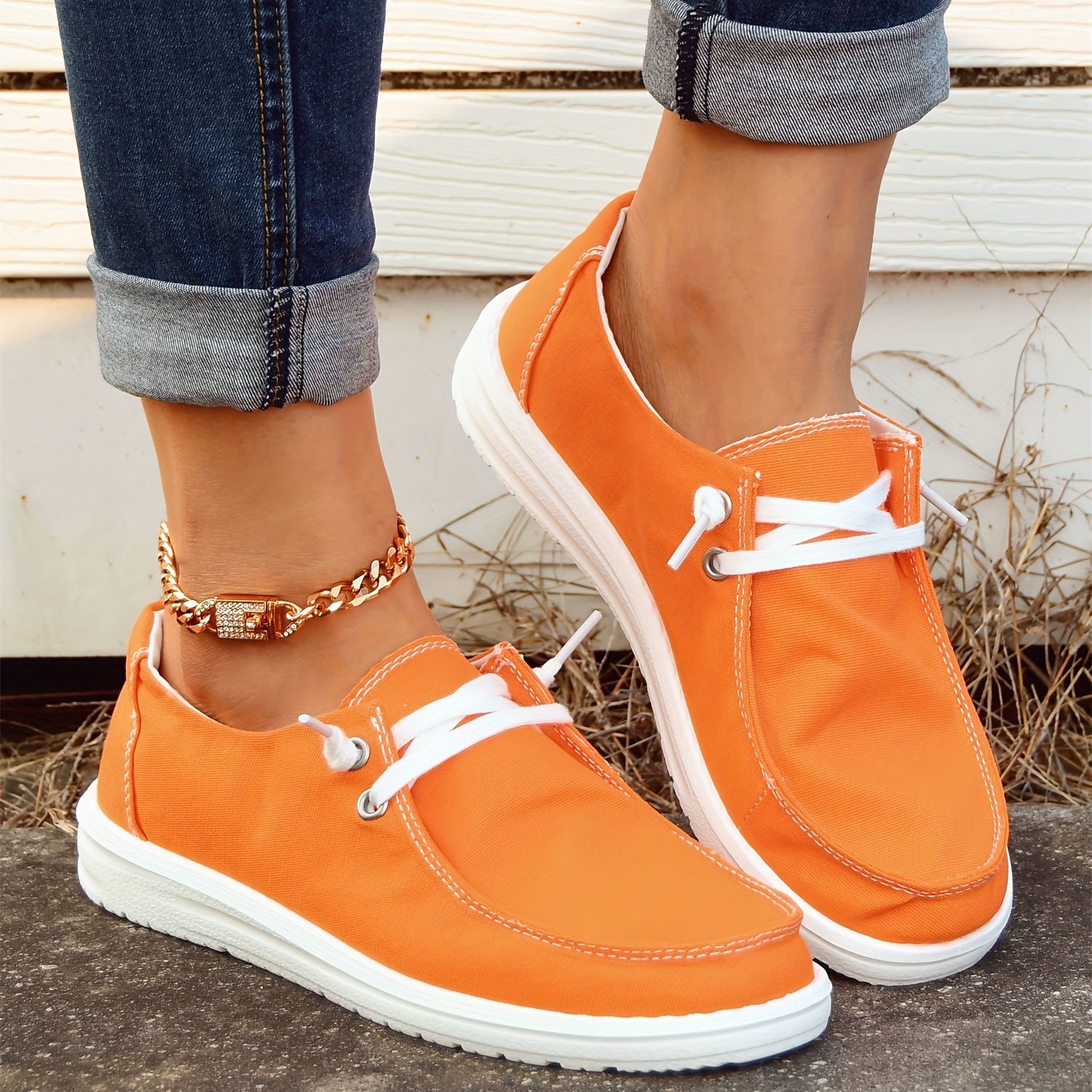 Women's Tangerine Boat Shoes Solid Lace Up Skate Shoes
