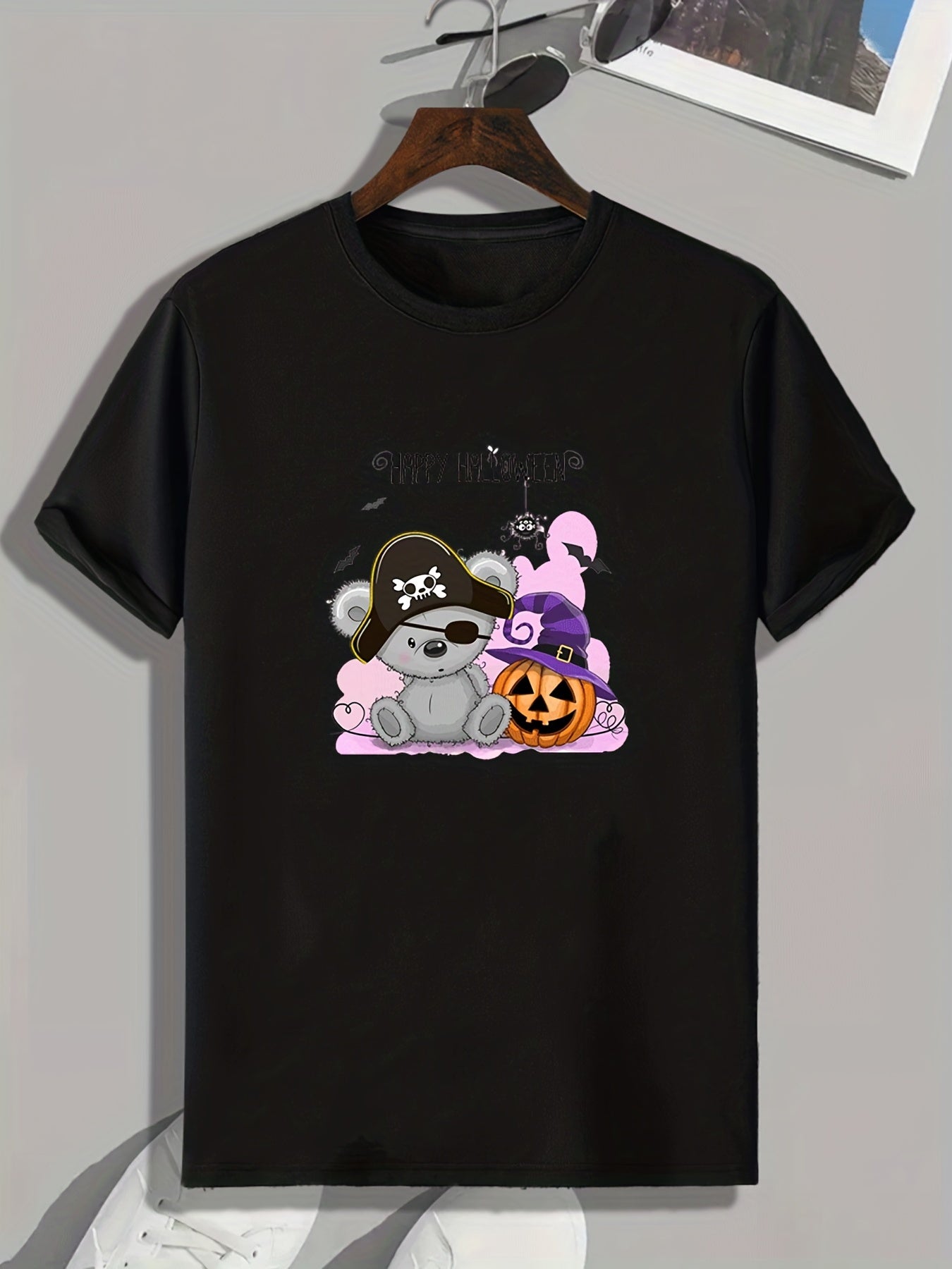Men's Halloween Letter Print T-shirt, Stretch Crew Neck
