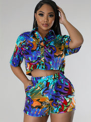 Women's Casual Letter Graffiti 2pc Set Crop Shirt & Shorts
