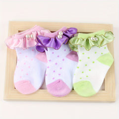 3 Pairs Lace Socks for Girls Pearl Decorations Darling Socks