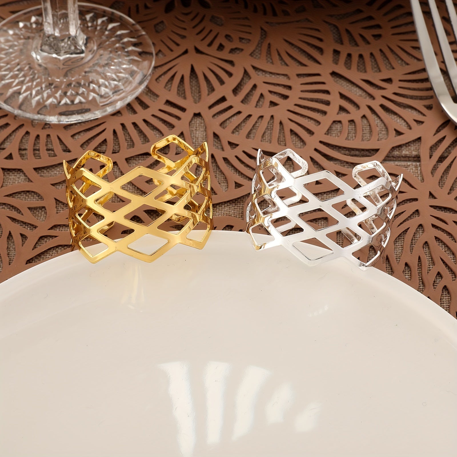 Set of 12 Golden Rhombus Napkin Rings, Polished Metal Hollow Buckle