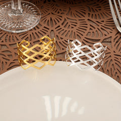 Set of 12 Golden Rhombus Napkin Rings, Polished Metal Hollow Buckle