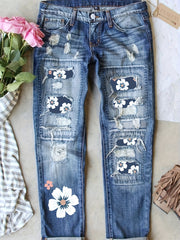 Colorblock Floral Print High Rise Tapered Leg Jeans