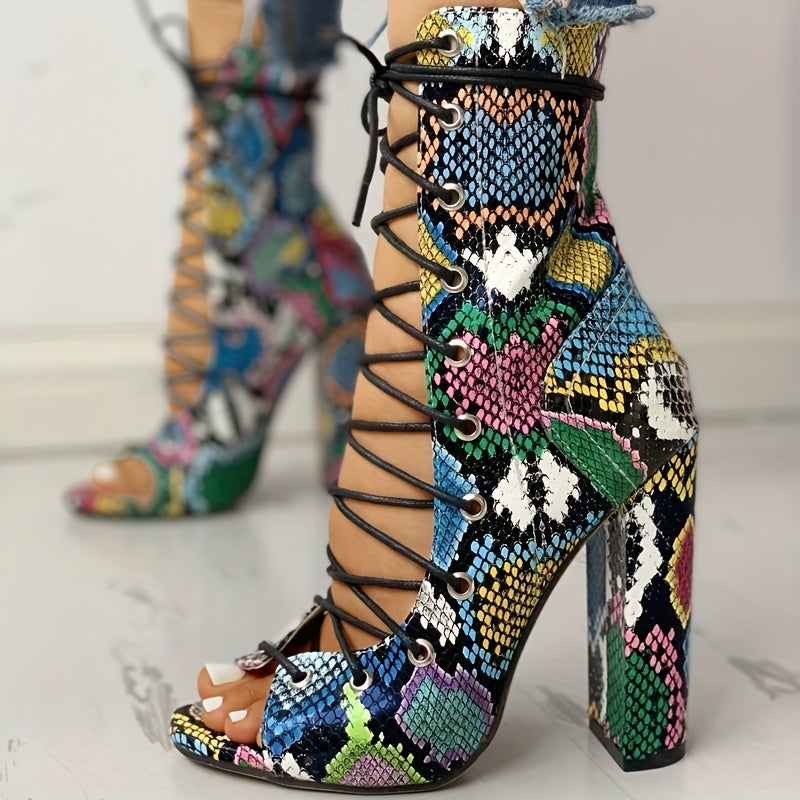 Snakeskin Sandals Boots Lace Up Peep Toe Chunky Heel Shoes