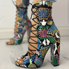 Snakeskin Sandals Boots Lace Up Peep Toe Chunky Heel Shoes