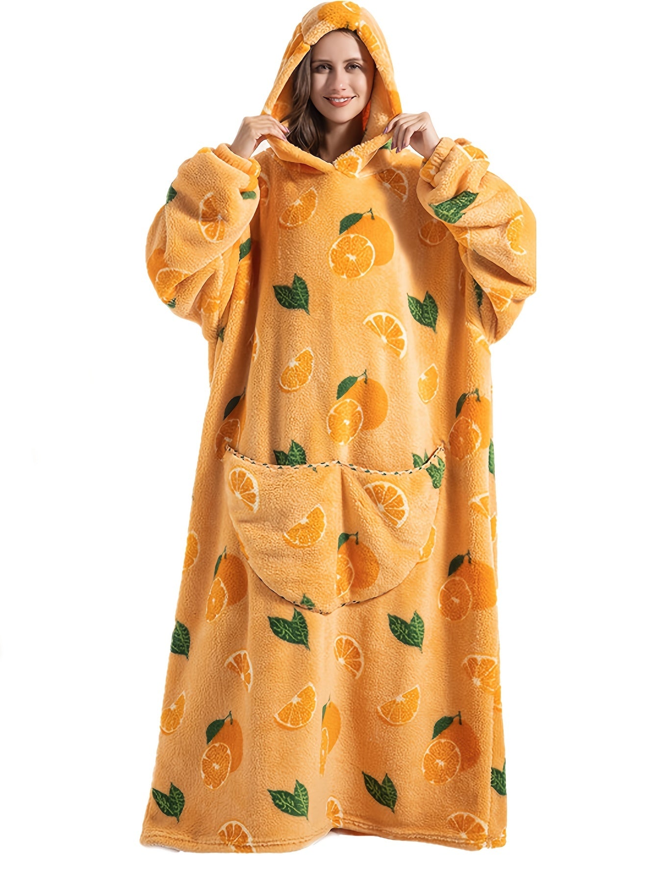 Fruit Print Fuzzy Lounge Robes Hooded Long Sleeve With Pockets