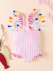 Toddler Girls Mermaid Embroidery Striped Ruffle Trim Swimsuit