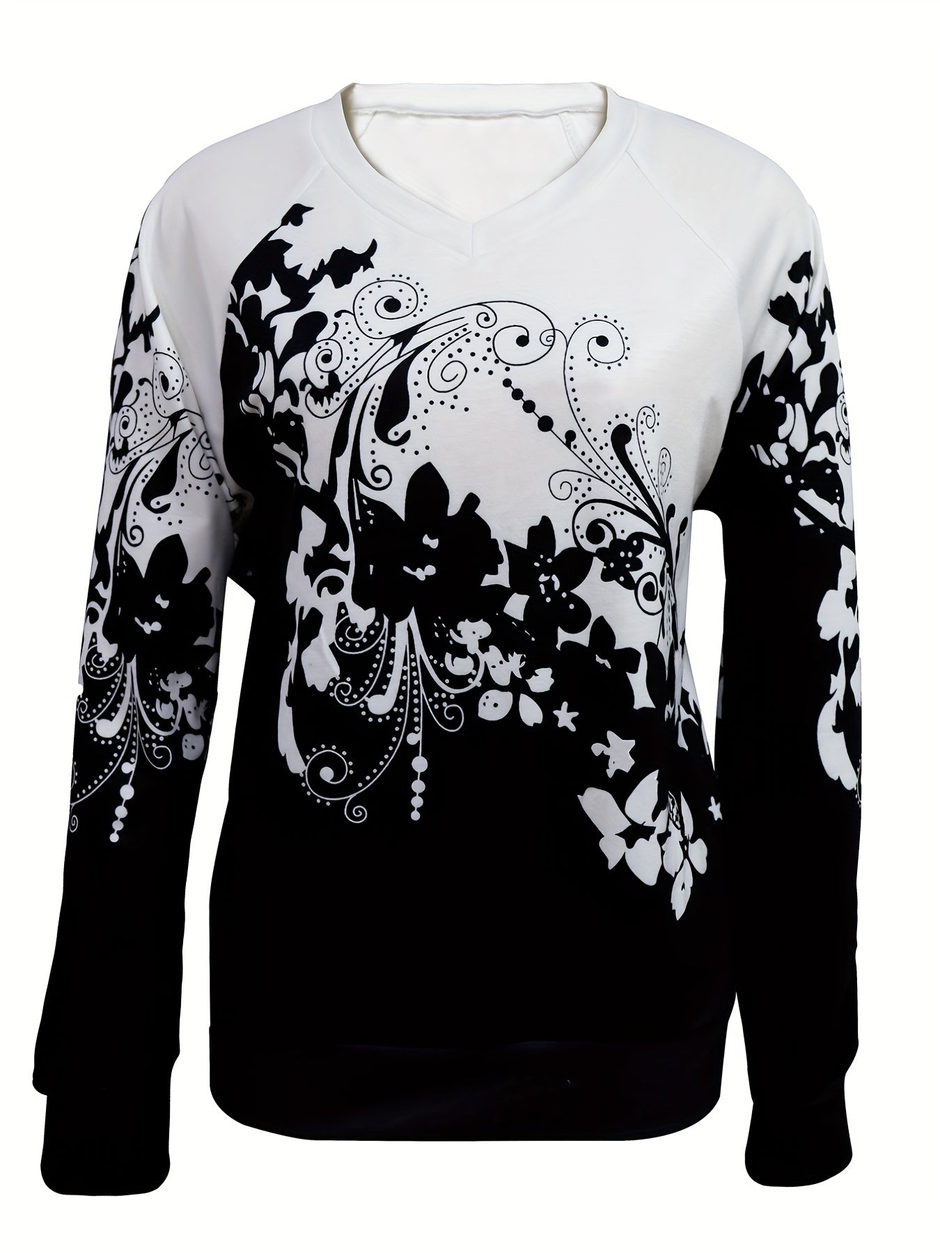 Boho Floral Print V Neck Sweatshirt for Women