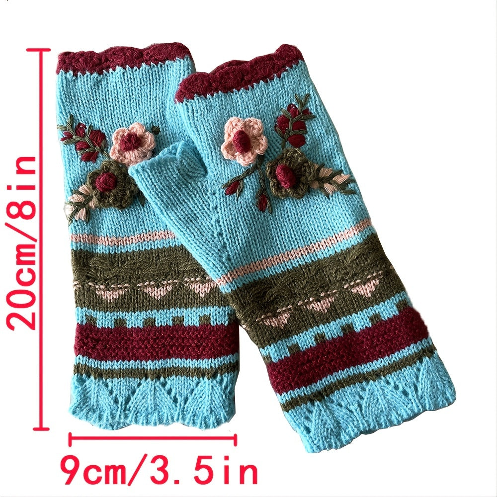 Womens Winter Fingerless Gloves Crochet Arm Warmer Flower Warm Gloves