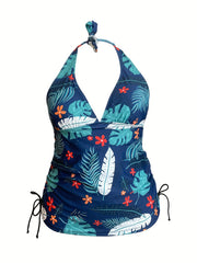 Tropical Print Plus Size Tankini Set - Halter Neck Knot Top & Shorts