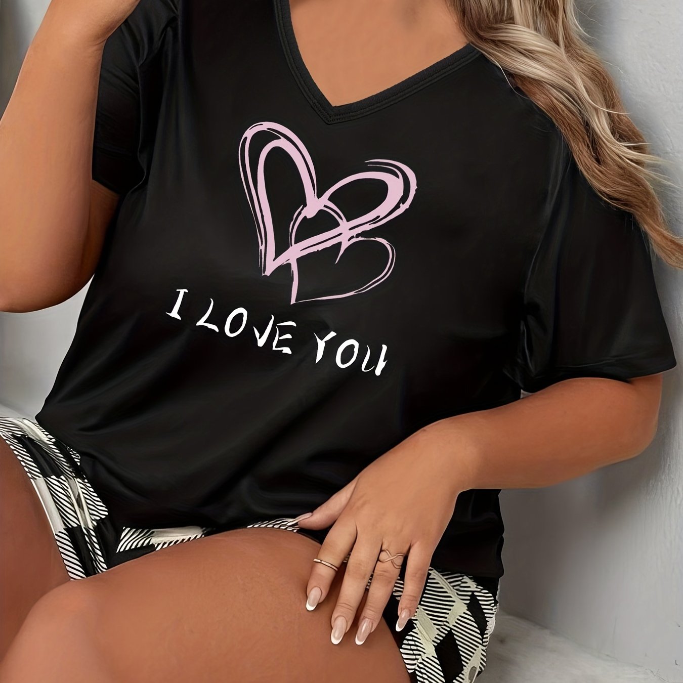 Heart & Slogan Print V-Neck Pajama Top