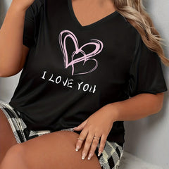 Heart & Slogan Print V-Neck Pajama Top