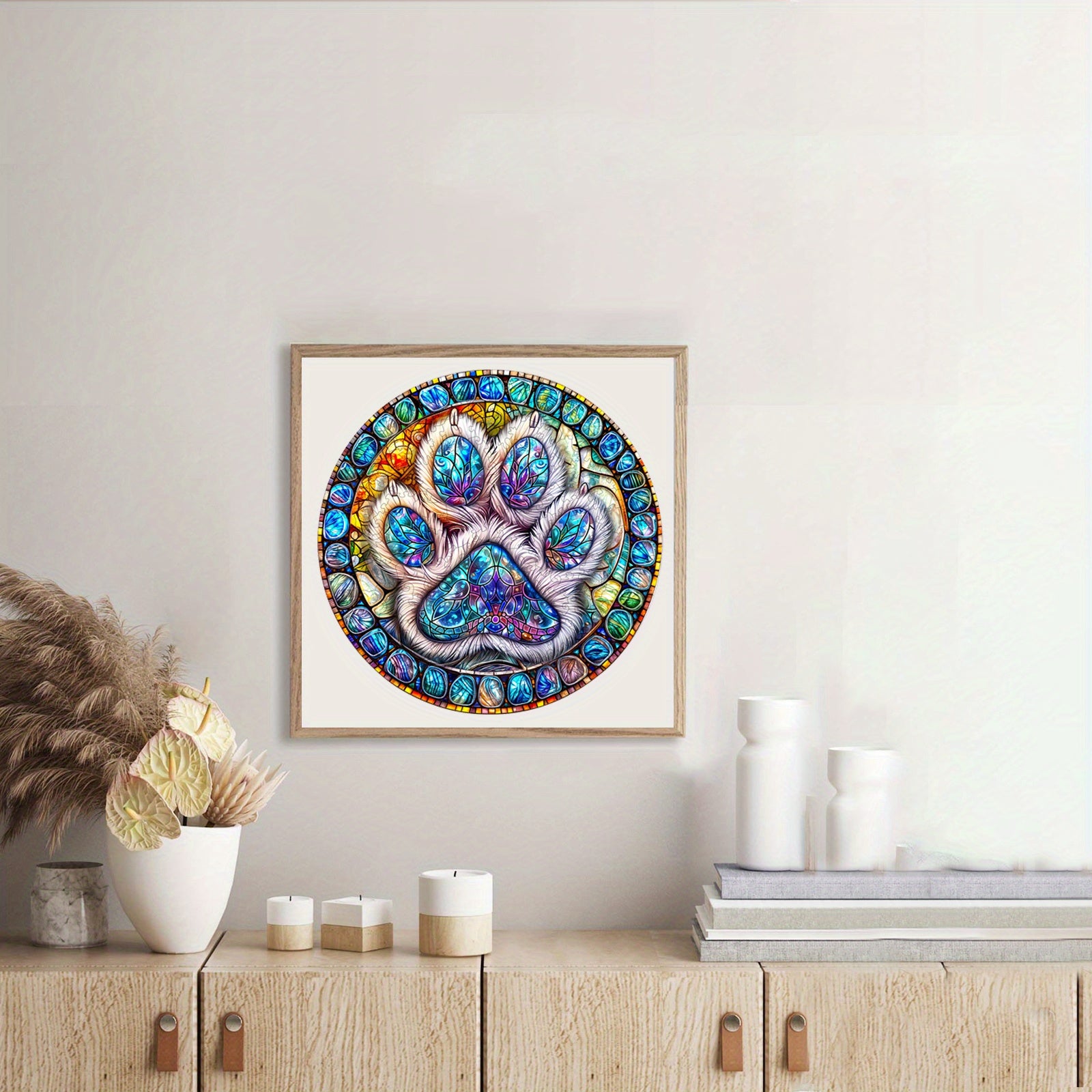 Colorful Paw Print Wooden Jigsaw Puzzle Animal Shapes Stained Glass Style